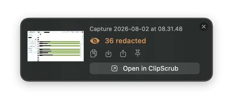 A small floating card headed "Capture" with an eye-off icon reading "36 redacted", a thumbnail of the blacked-out calendar and an "Open in ClipScrub" button. The appointments are a fictional sample.