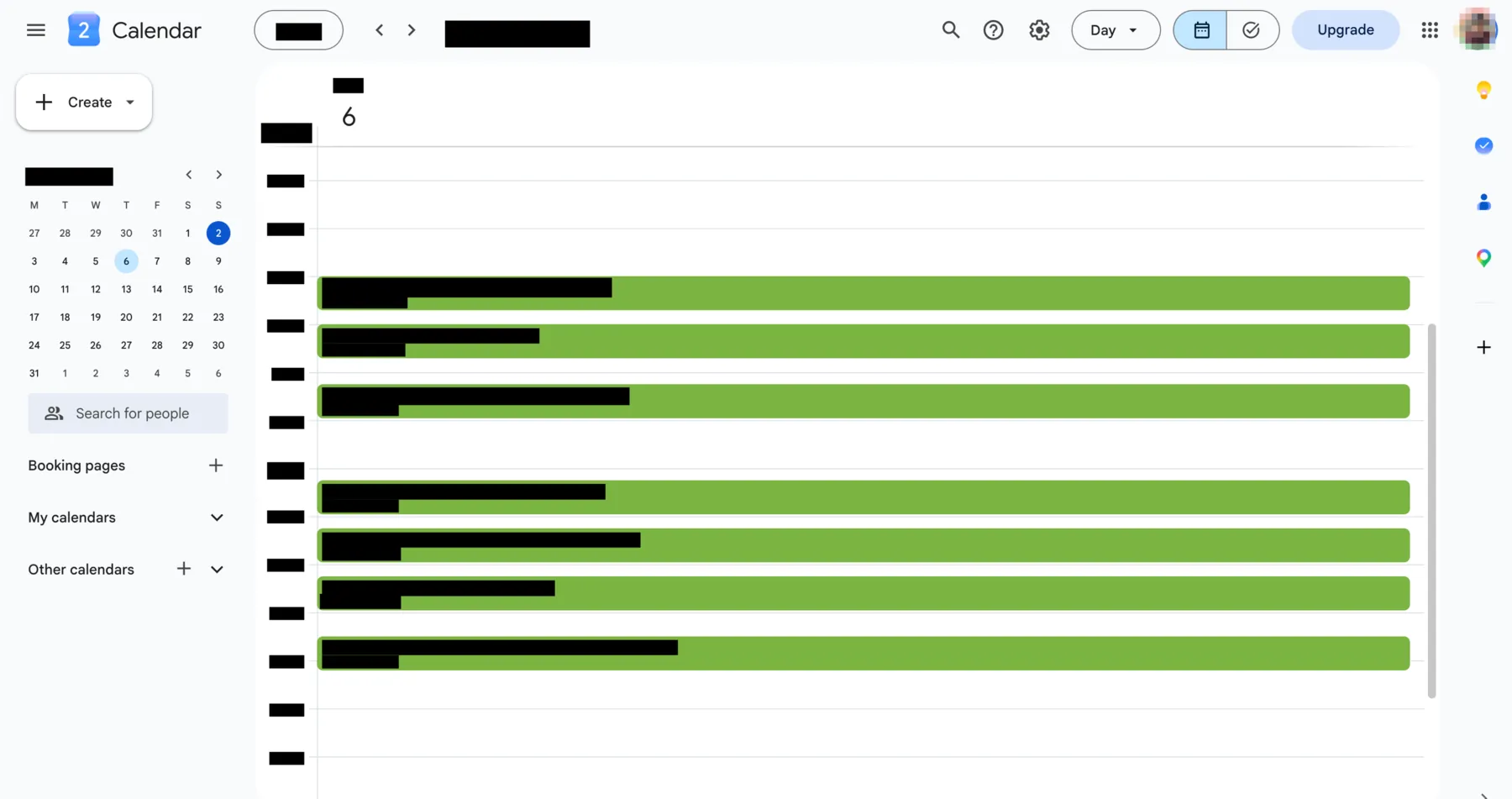 The same calendar after redaction: every appointment title, time label and date is covered by an opaque black bar, while the coloured event blocks and the grid remain. The appointments are a fictional sample.