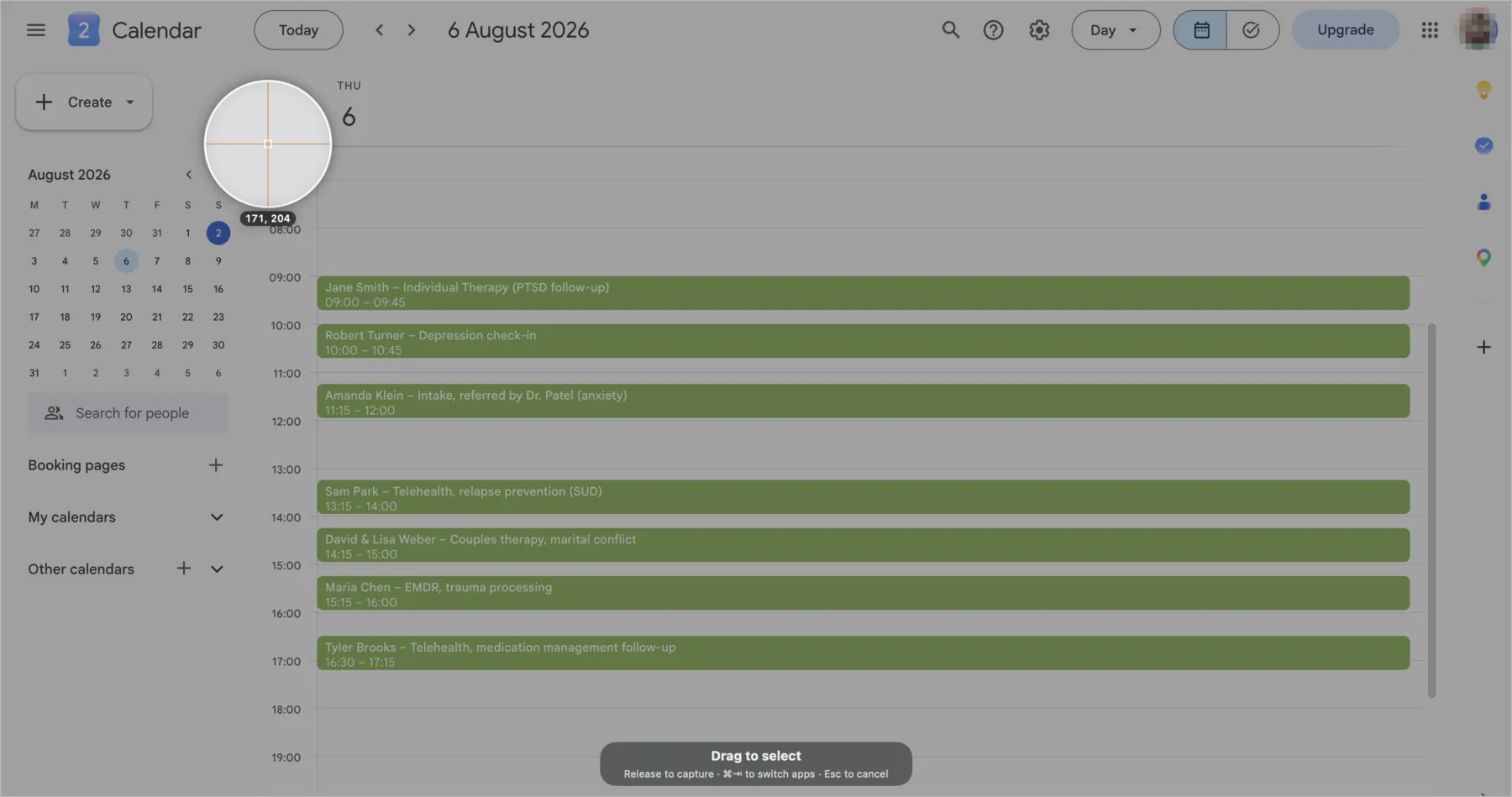 A calendar dimmed under a capture overlay, with a circular magnifying loupe and crosshair over the selection point and a "Drag to select" prompt at the bottom. The appointments are a fictional sample.