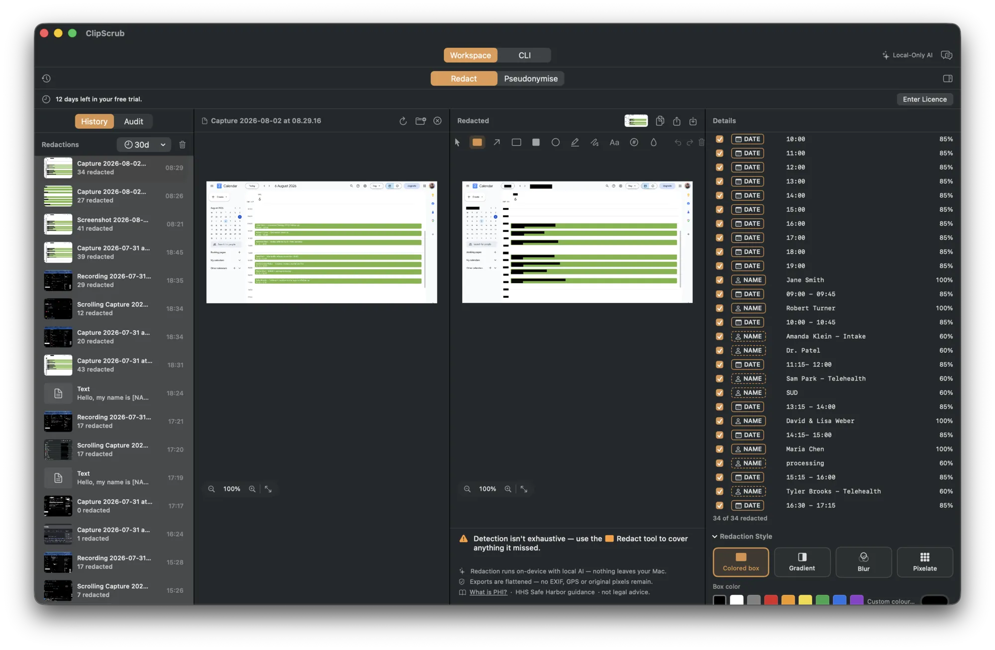 The ClipScrub workspace. On the left, a captured calendar showing appointments. In the middle, the same calendar with every name and time covered by solid black bars. On the right, a Details list naming each detection by type — DATE, NAME — with a confidence score beside it and a picker offering coloured box, gradient, blur or pixelate. The appointments are a fictional sample.