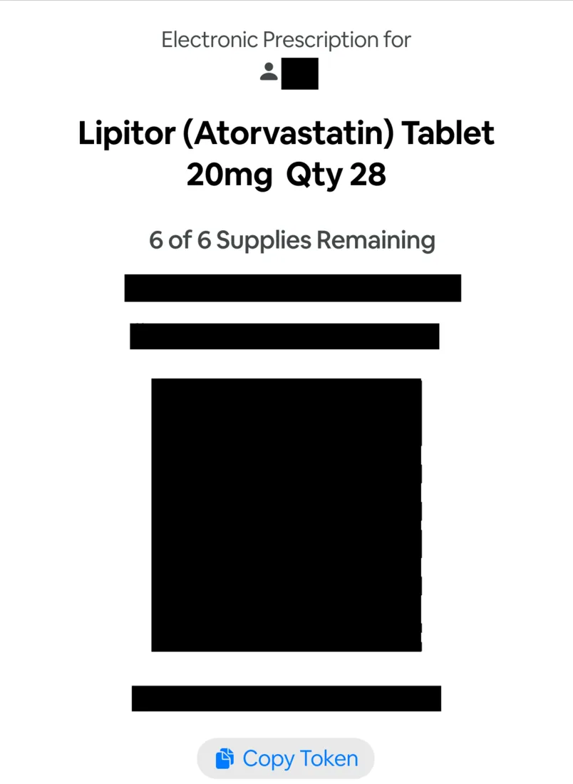 An electronic prescription on a phone with the patient name and the prescription barcode blacked out; the medication, dose and quantity remain.