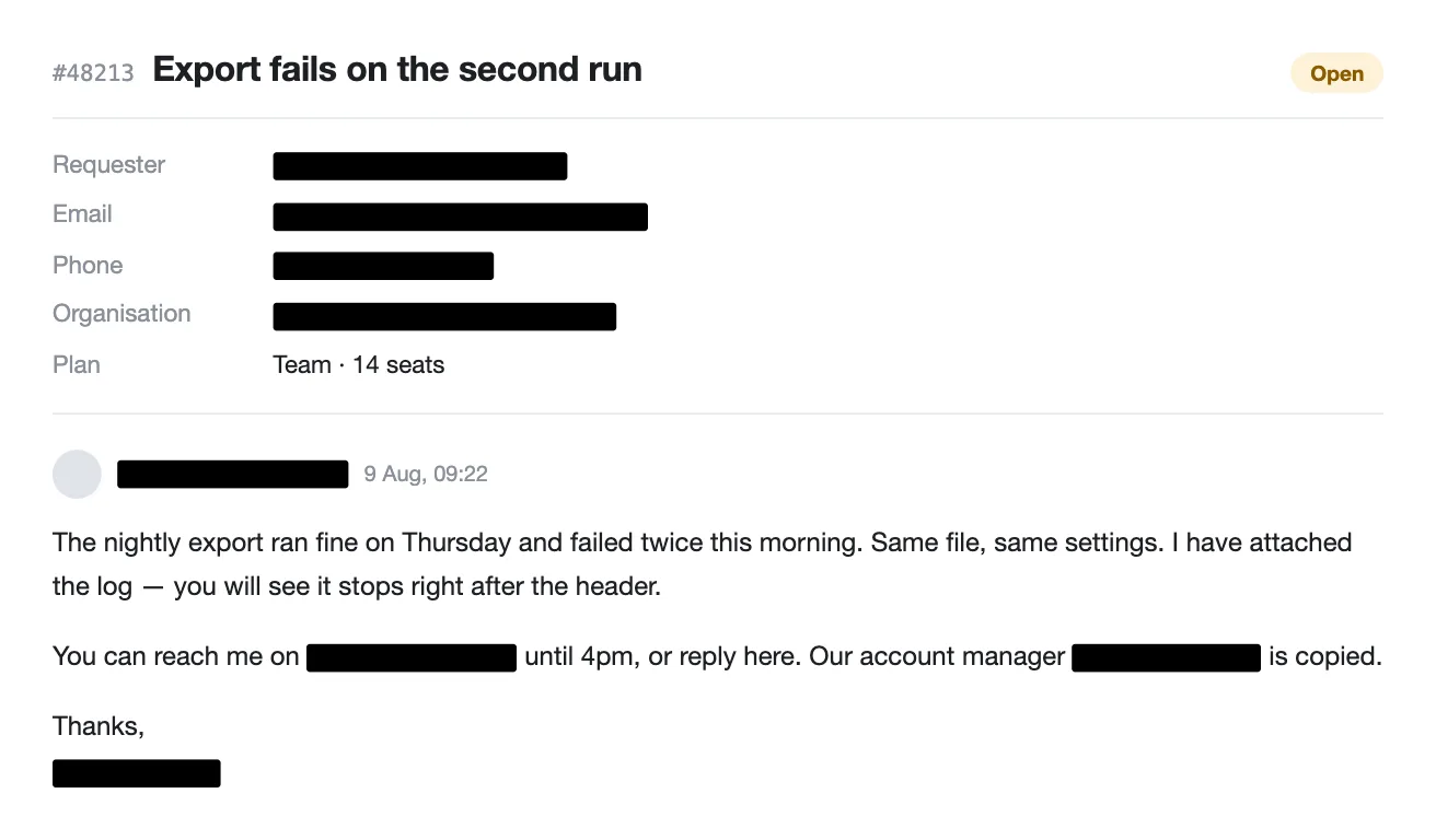 A support ticket with the requester name, email, phone, organisation and signature blacked out; the subject, the plan, and the description of the failing export remain readable.