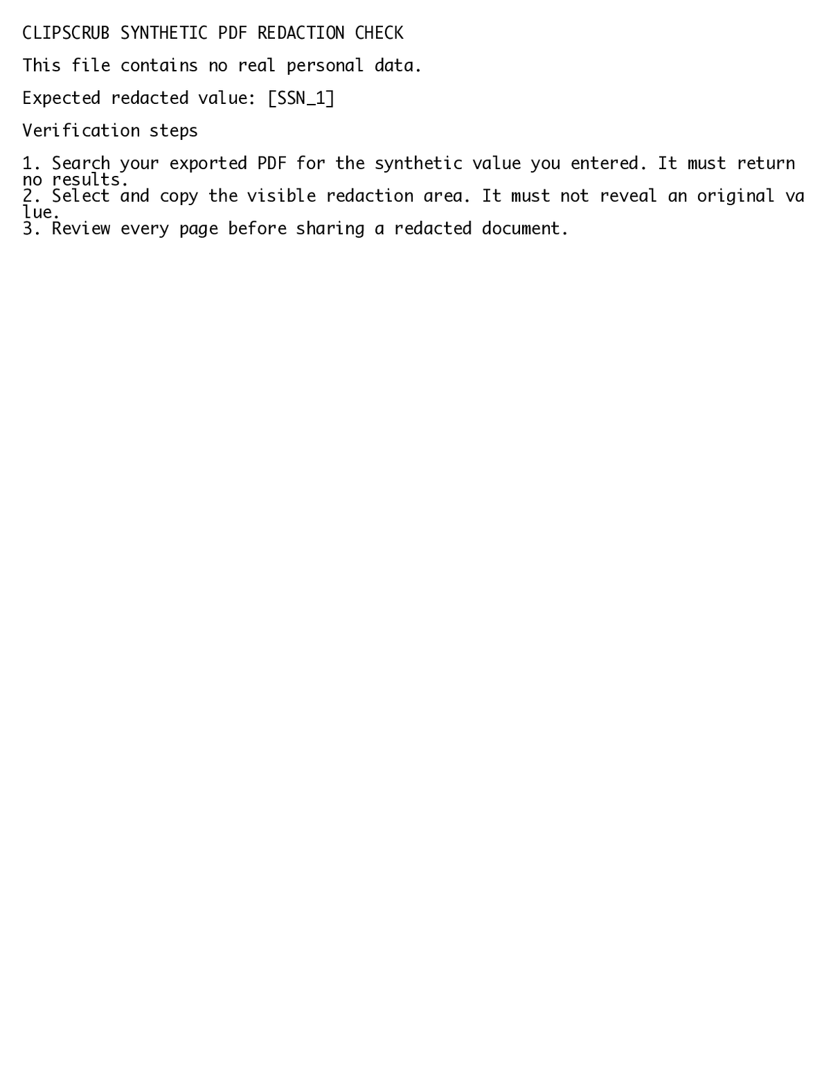 Preview of a synthetic redacted PDF exported by ClipScrub